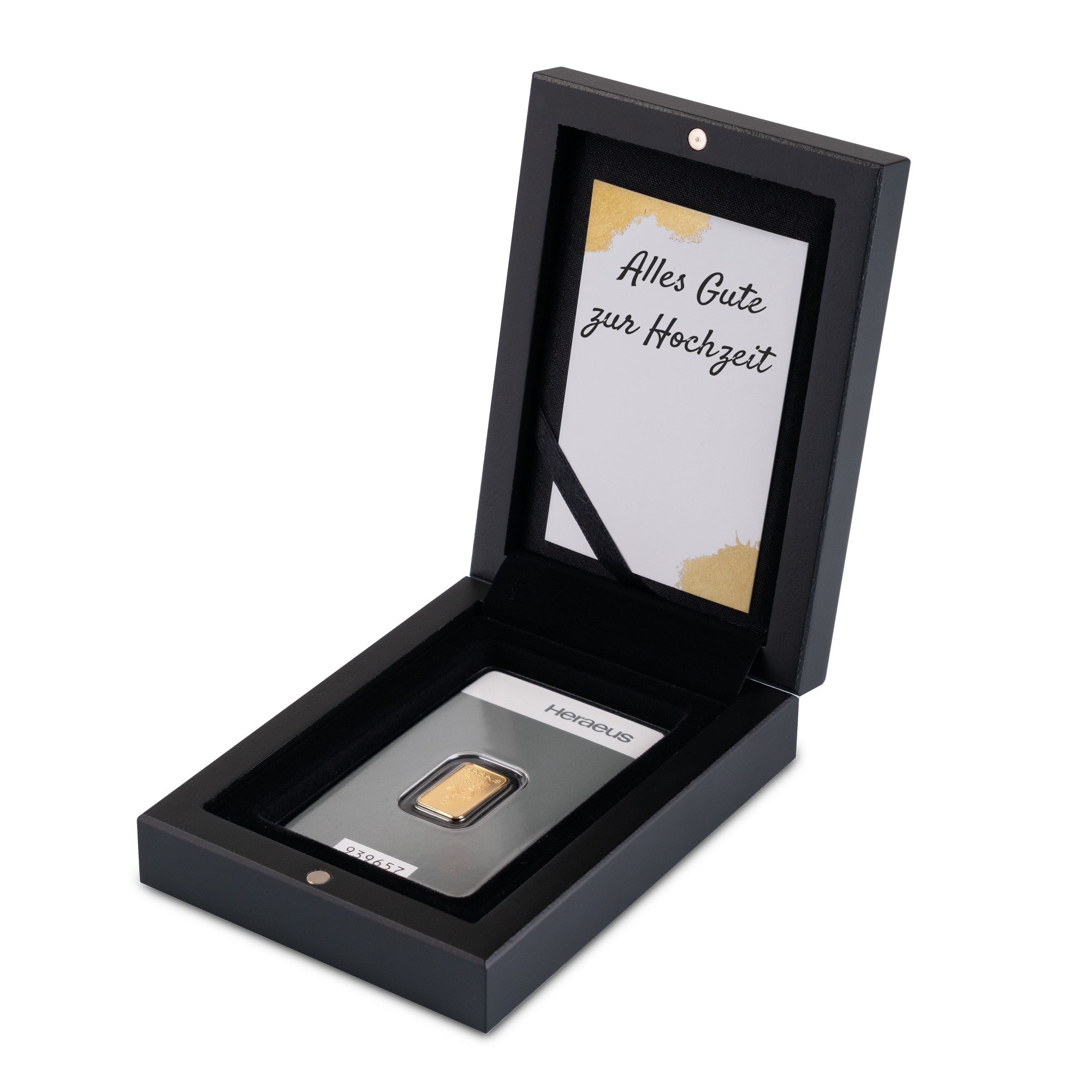 Schwarzes Geschenk-Etui mit Sichtfenster und 2g Goldbarren-Inlay #Grußkarte_Alles Gute zur Hochzeit