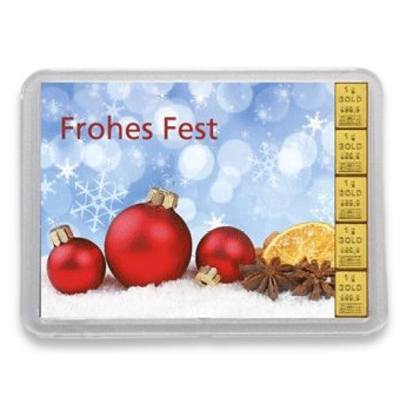 Goldbarren mit Flip-Motivbox "Frohes Fest" Weihnachtskugeln