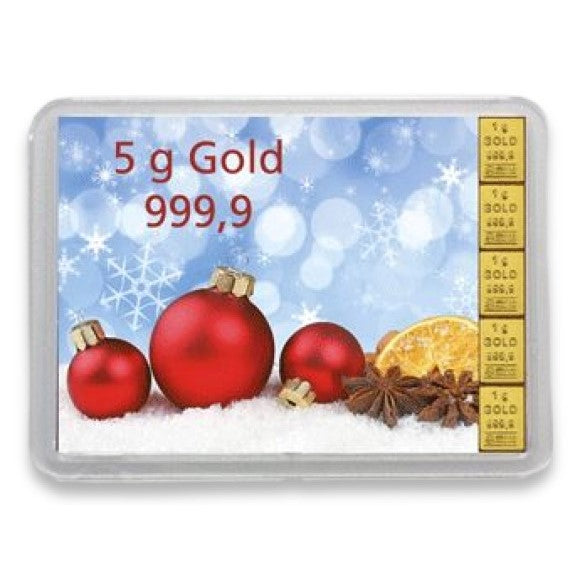 Goldbarren mit Flip-Motivbox "Frohes Fest" Weihnachtskugeln