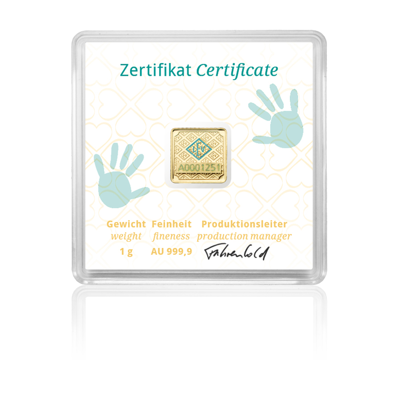 Goldbarren im edlen Echtholz-Etui / Motiv "Geburt"