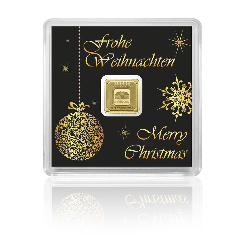 Goldbarren im edlen Echtholz-Etui / Motiv "Frohe Weihnachten"