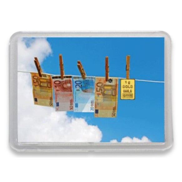 Goldbarren 1g mit Flip-Motivbox "Gold statt Geld" Wäscheleine