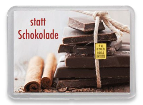 Goldbarren 1g mit Flip-Motivbox "Gold statt Schokolade"