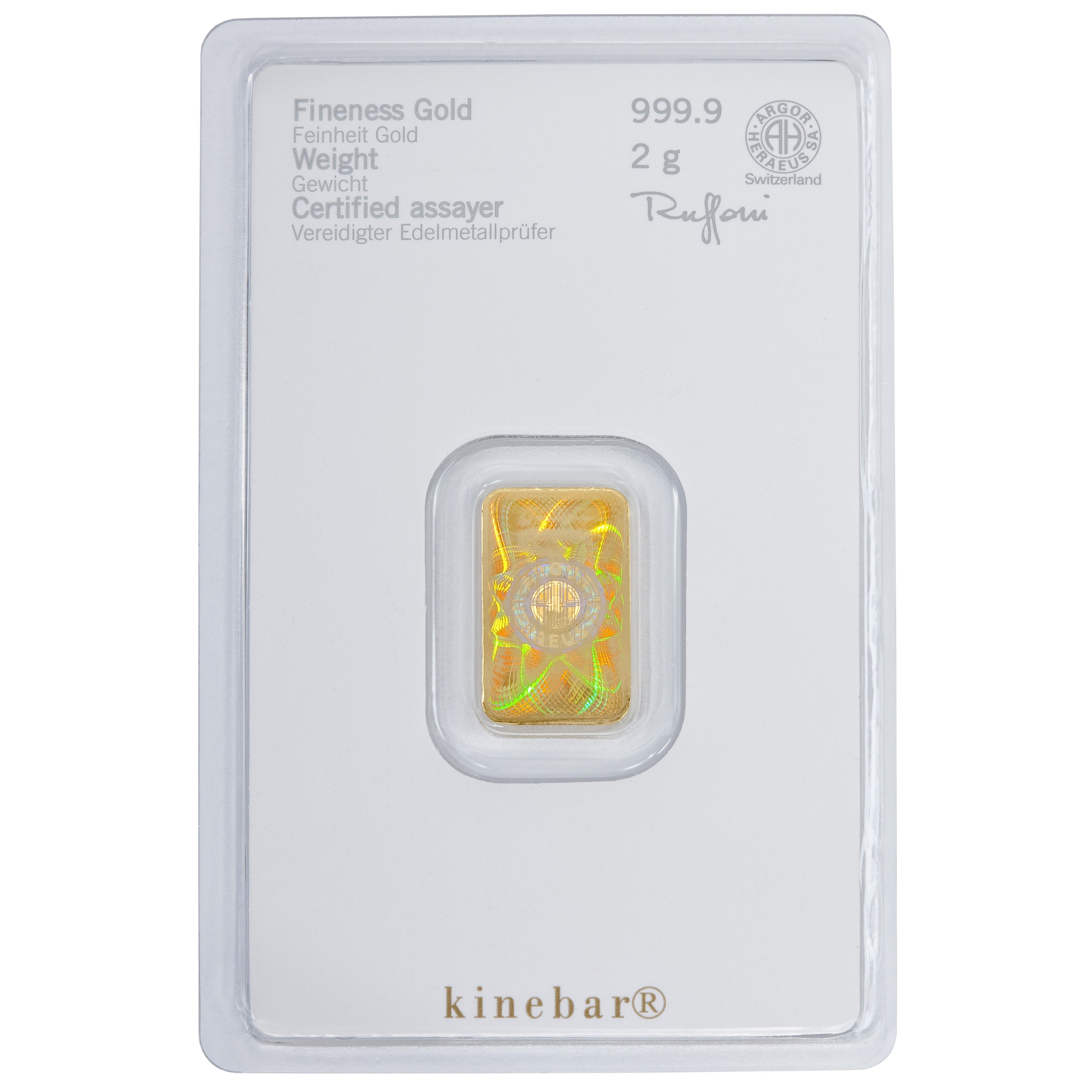 Heraeus Goldbarren 2 Gramm Kinebar in Blisterverpackung Rückseite Feinheit Gewicht
