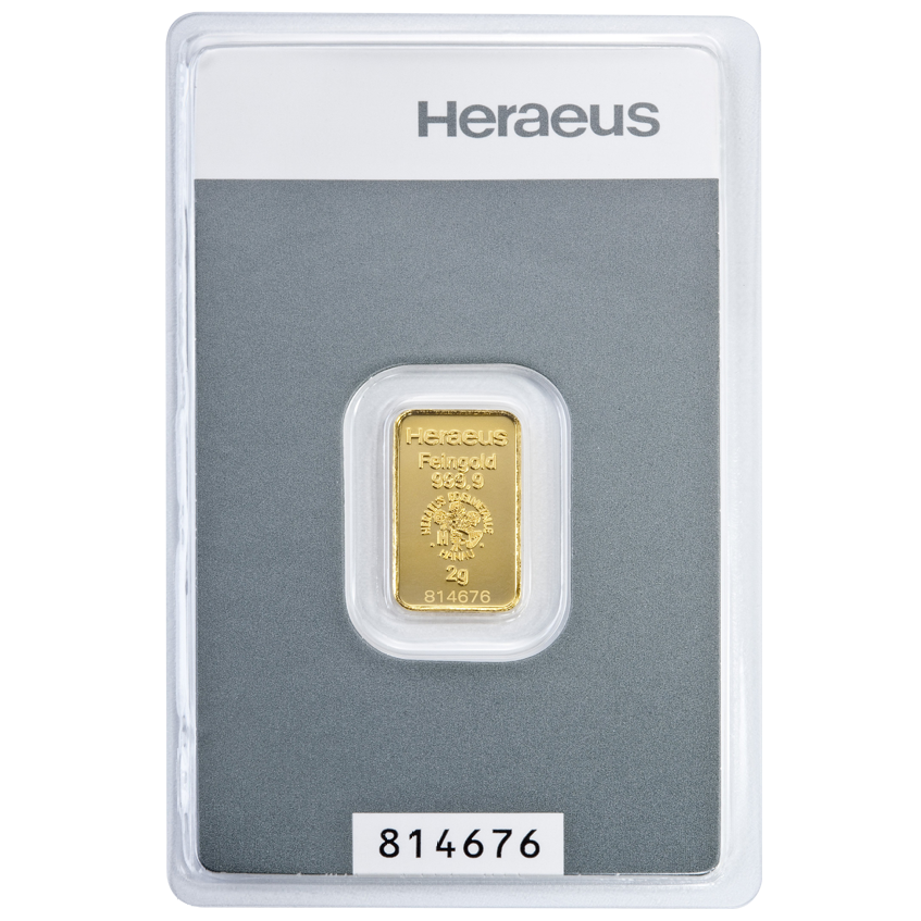 Goldbarren Heraeus Kinebar 2 Gramm in Blisterverpackung Vorderseite