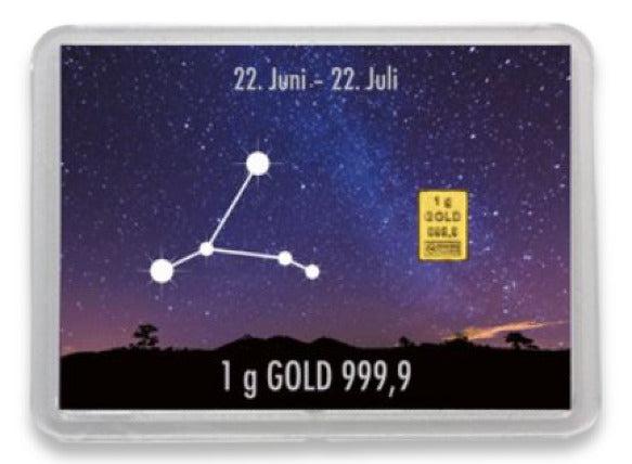 Goldbarren 1g mit Flip-Motivbox Sternzeichen "Krebs"