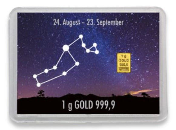 Goldbarren 1g mit Flip-Motivbox Sternzeichen "Jungfrau"