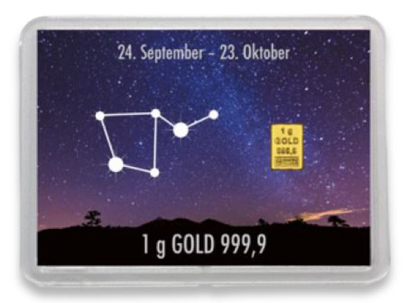 Goldbarren 1g mit Flip-Motivbox Sternzeichen "Waage"