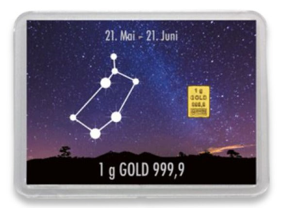 Goldbarren 1g mit Flip-Motivbox Sternzeichen "Zwilling"