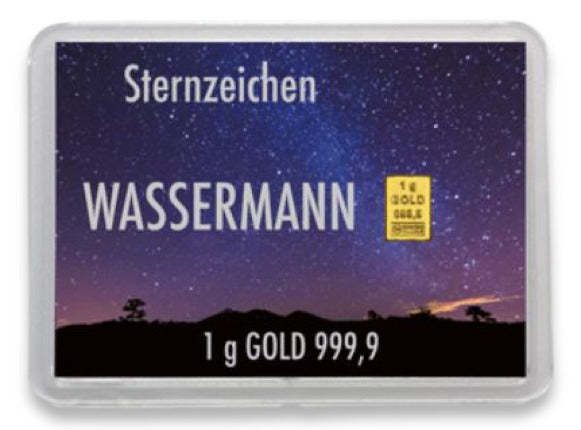 Goldbarren 1g mit Flip-Motivbox Sternzeichen "Wassermann"