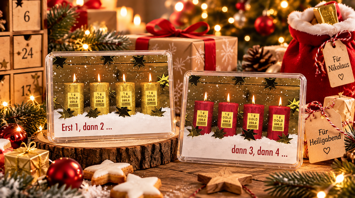Goldgeschenk für die Adventszeit - Vier Kerzen mit jeweils einem Goldbarren