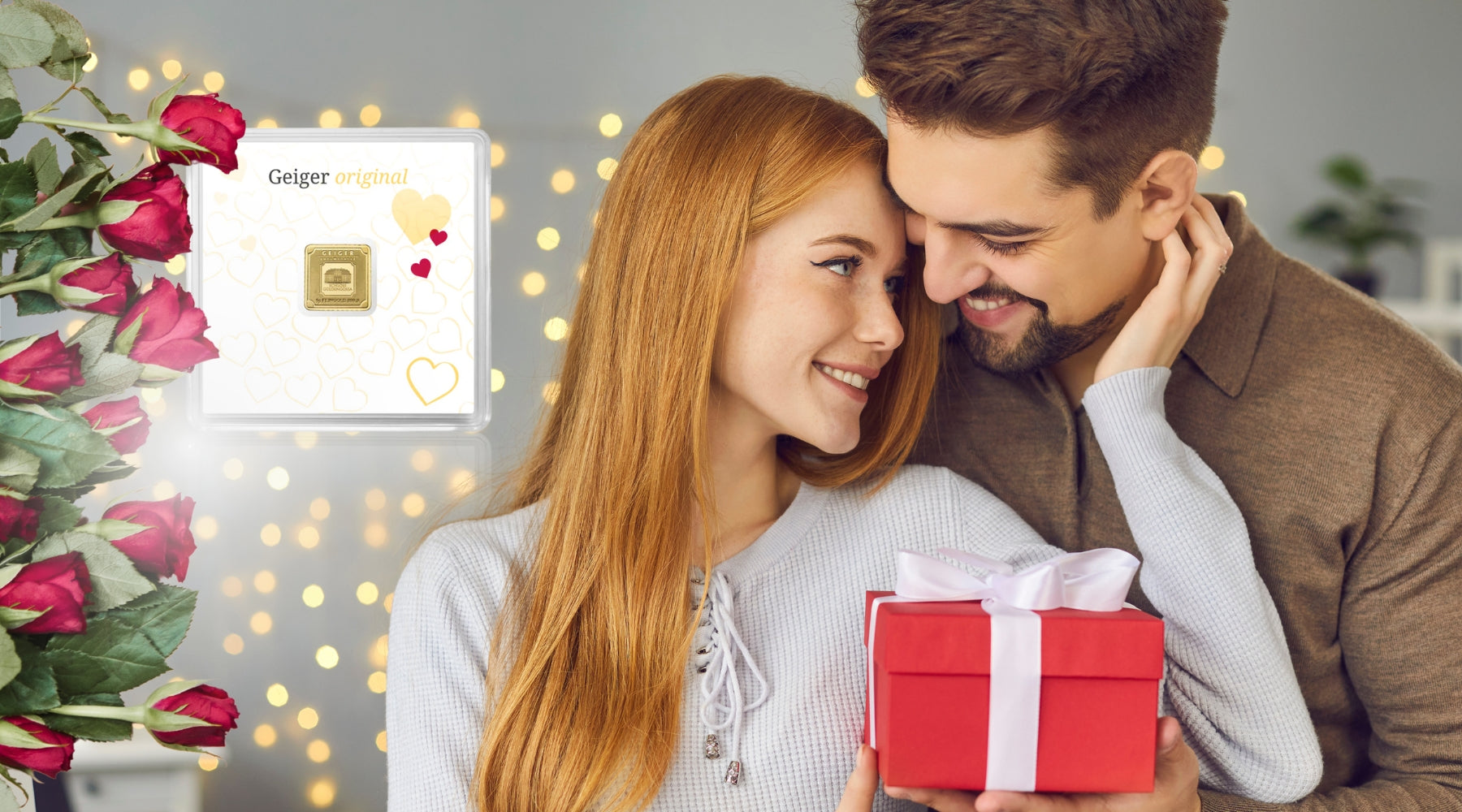 Valentinstag Geschenk Herzen Liebe Rosen Pärchen Goldbarren Goldgeschenk