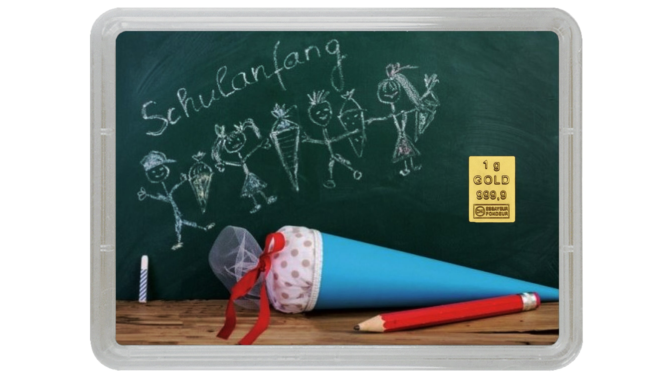 Goldbarren Motivbox zur Einschulung mit Schultüte, Tafelmotiv und 1g Goldbarren als Geschenk zum ersten Schultag.