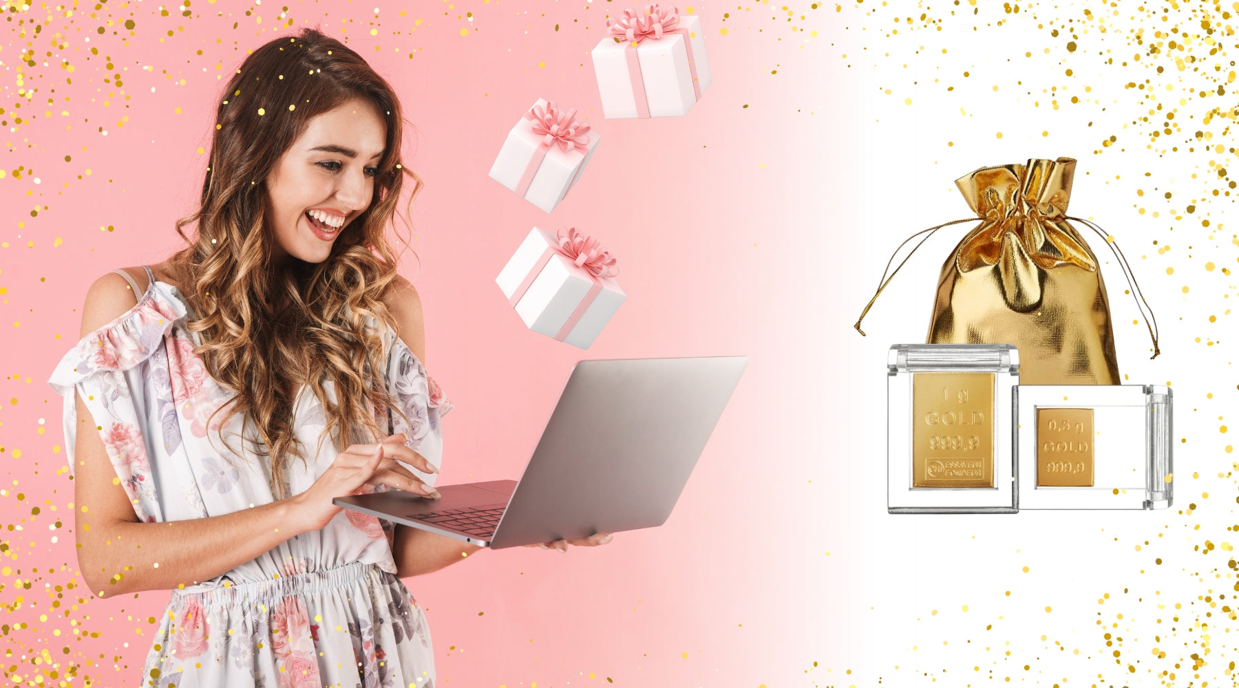 Frau freut sich über Online-Geschenke, daneben goldene Geschenkverpackung mit Goldbarren – perfekte Last-Minute-Geschenkidee aus echtem Gold.