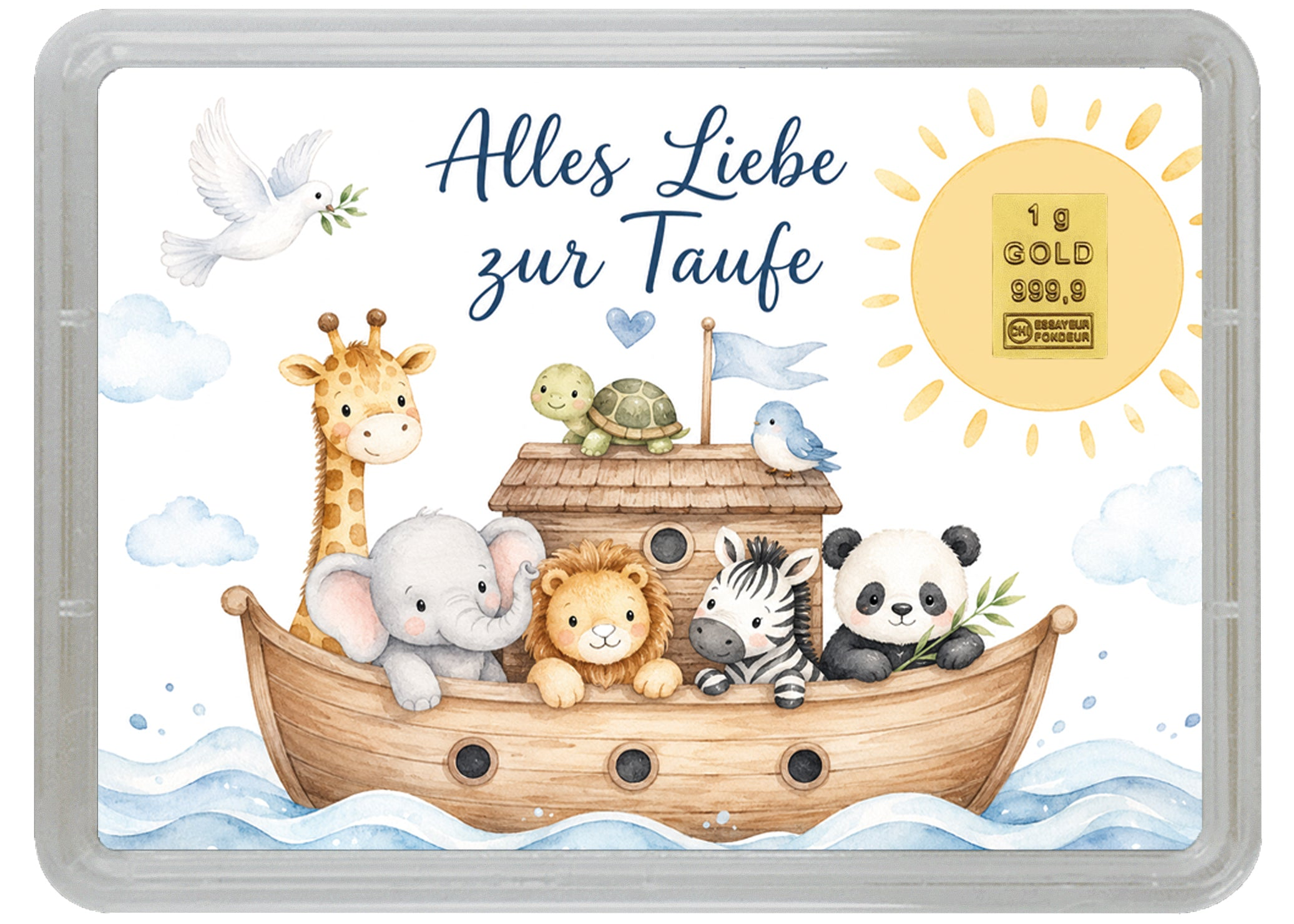 Arche Noah Motivbox zur Taufe mit 1 Gramm Goldbarren und niedlichen Tiermotiven für Kinder.
