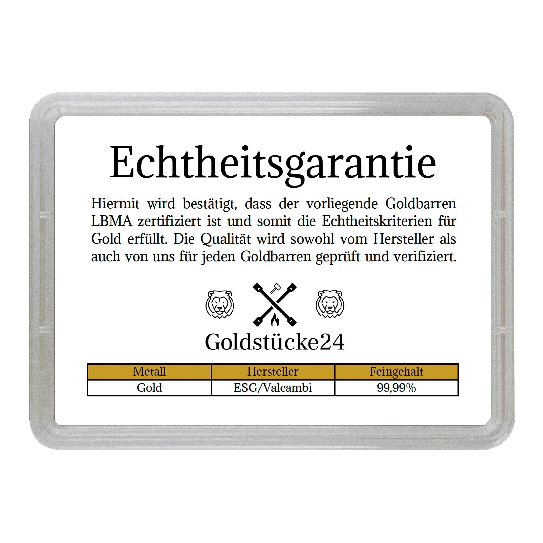 Echtheitsgarantie in Motivbox ESG/Valcambi Goldbarren