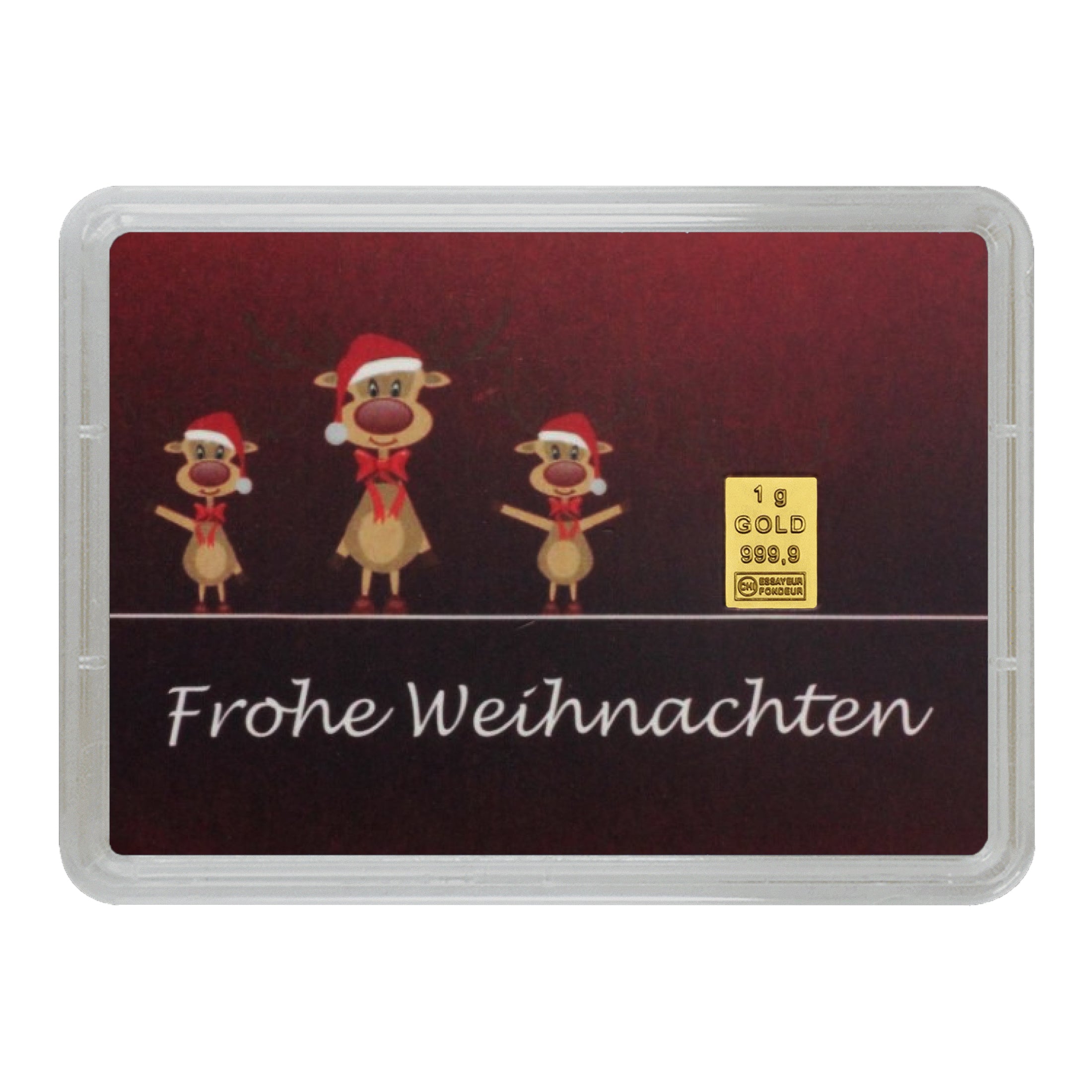 Goldbarren 1g in Geschenk-Motivbox "Frohe Weihnachten" Rentiere