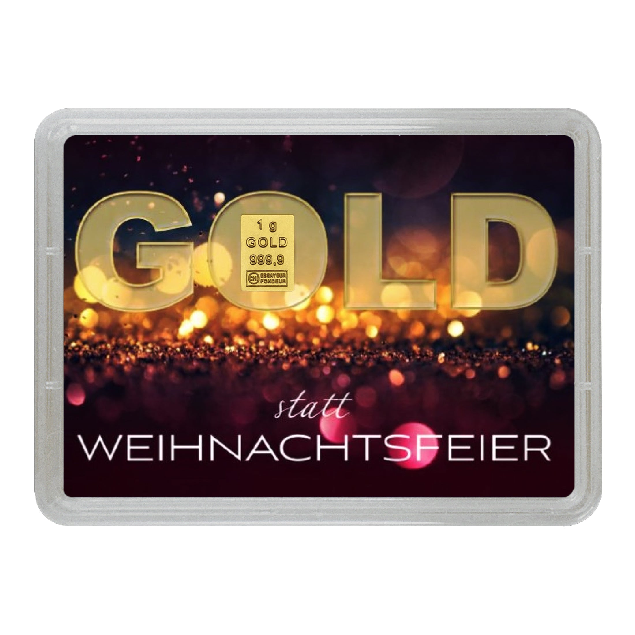 Goldbarren in Geschenk-Motivbox "Gold statt Weihnachtsfeier"