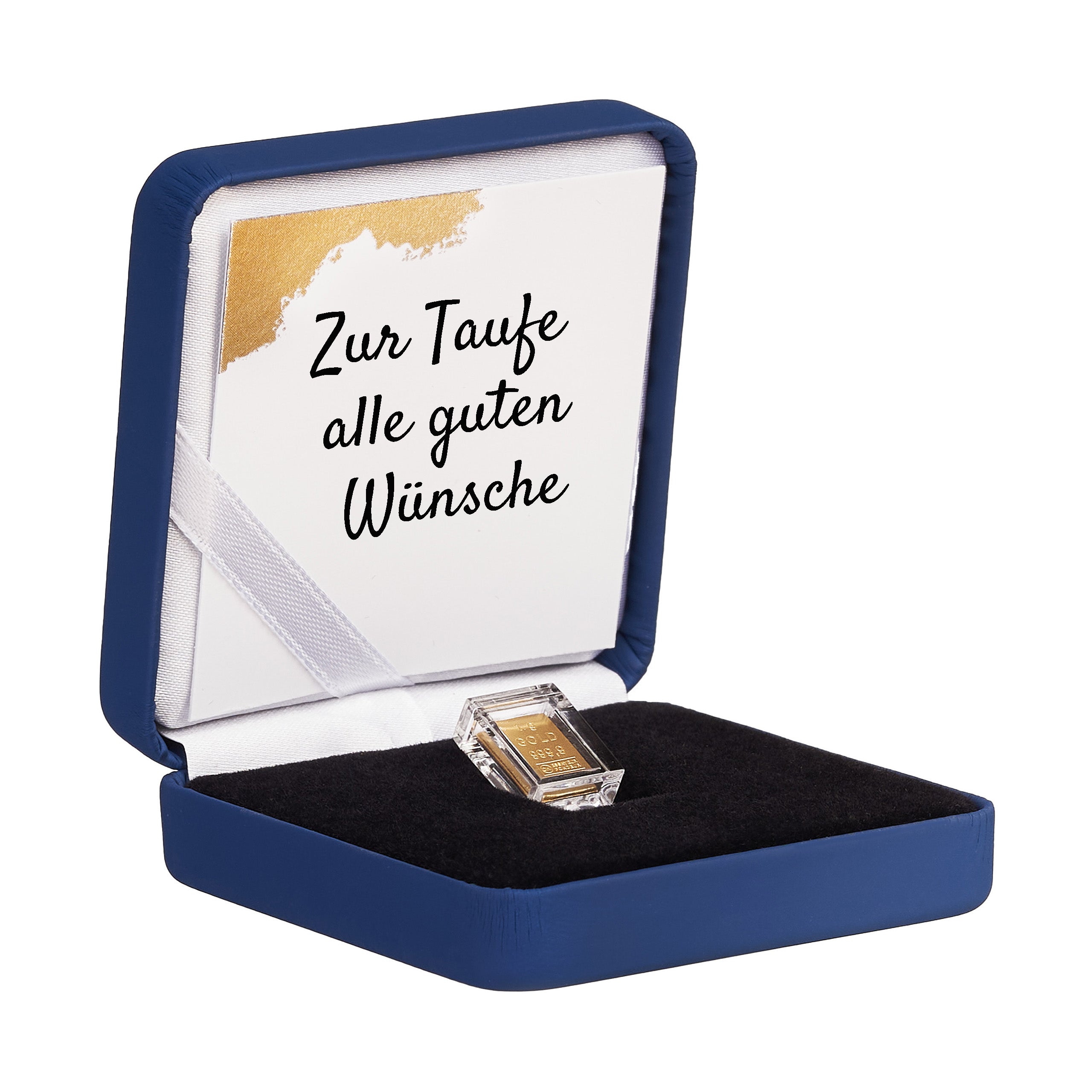 Geschenk zur Taufe Goldbarren im blauen Etui