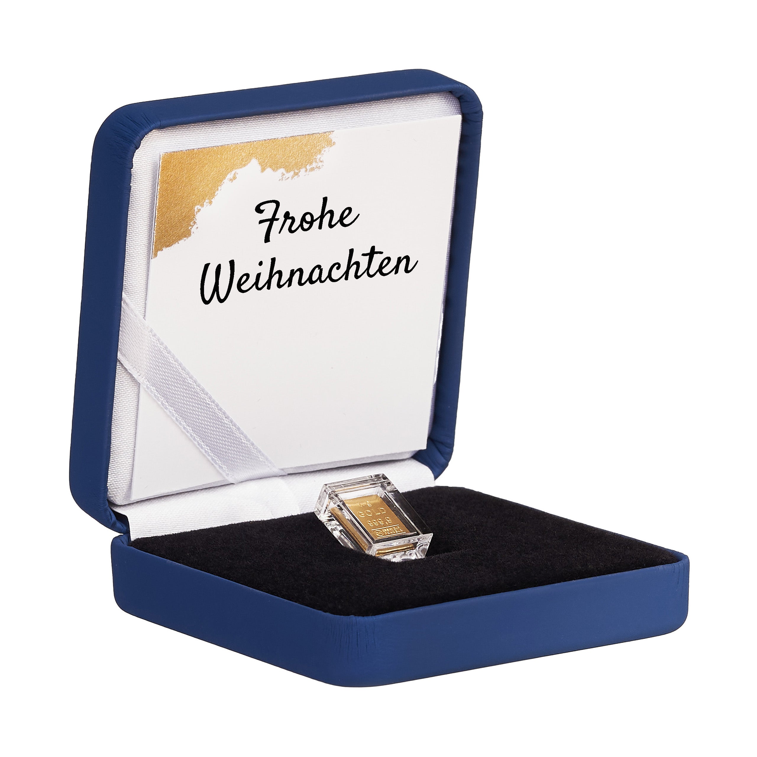 Goldbarren im edlen Etui blau Frohe Weihnachten