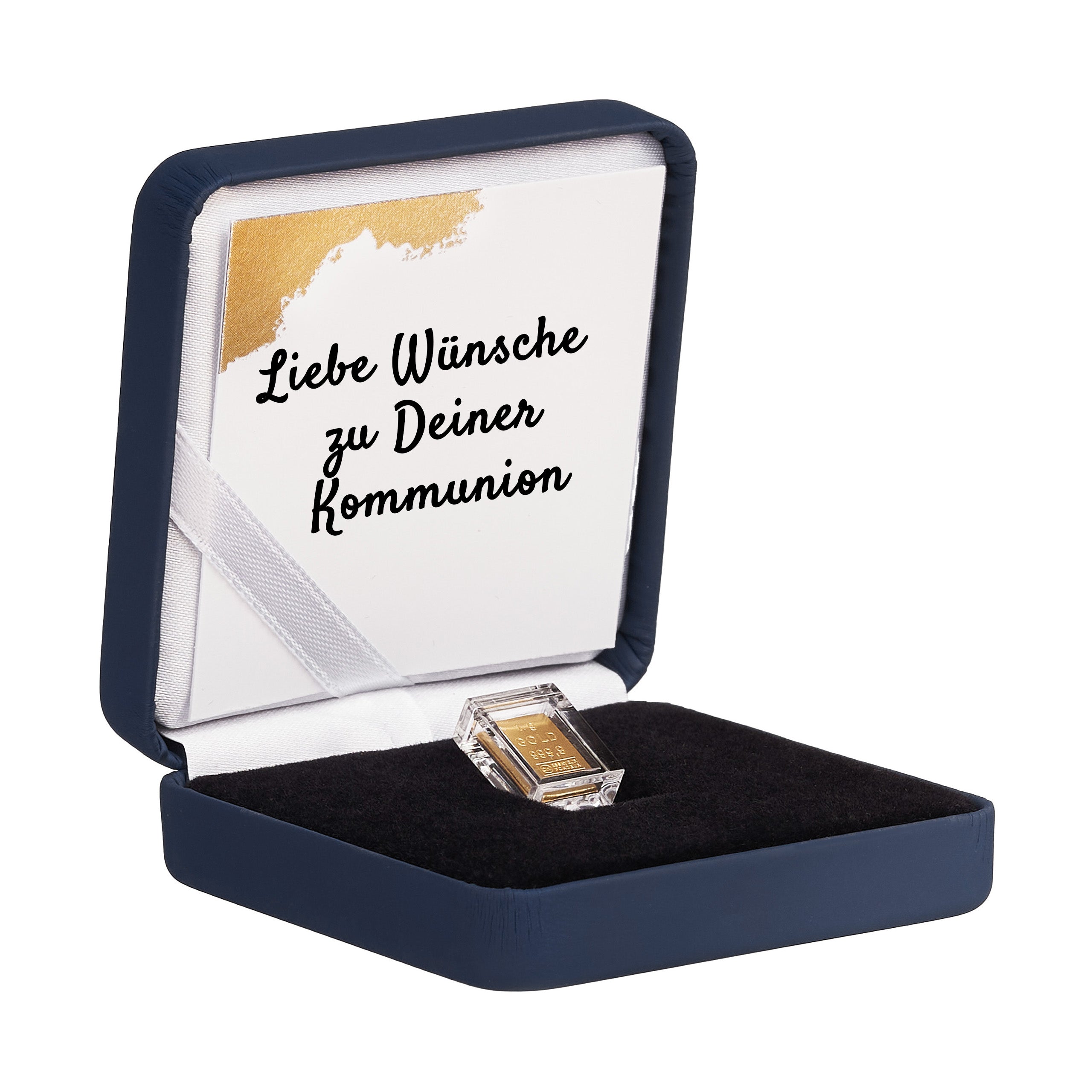 Goldbarren 1g in hochwertiger Kapsel inkl. Etui und Grußkarte nach Wahl (dunkelblau)
