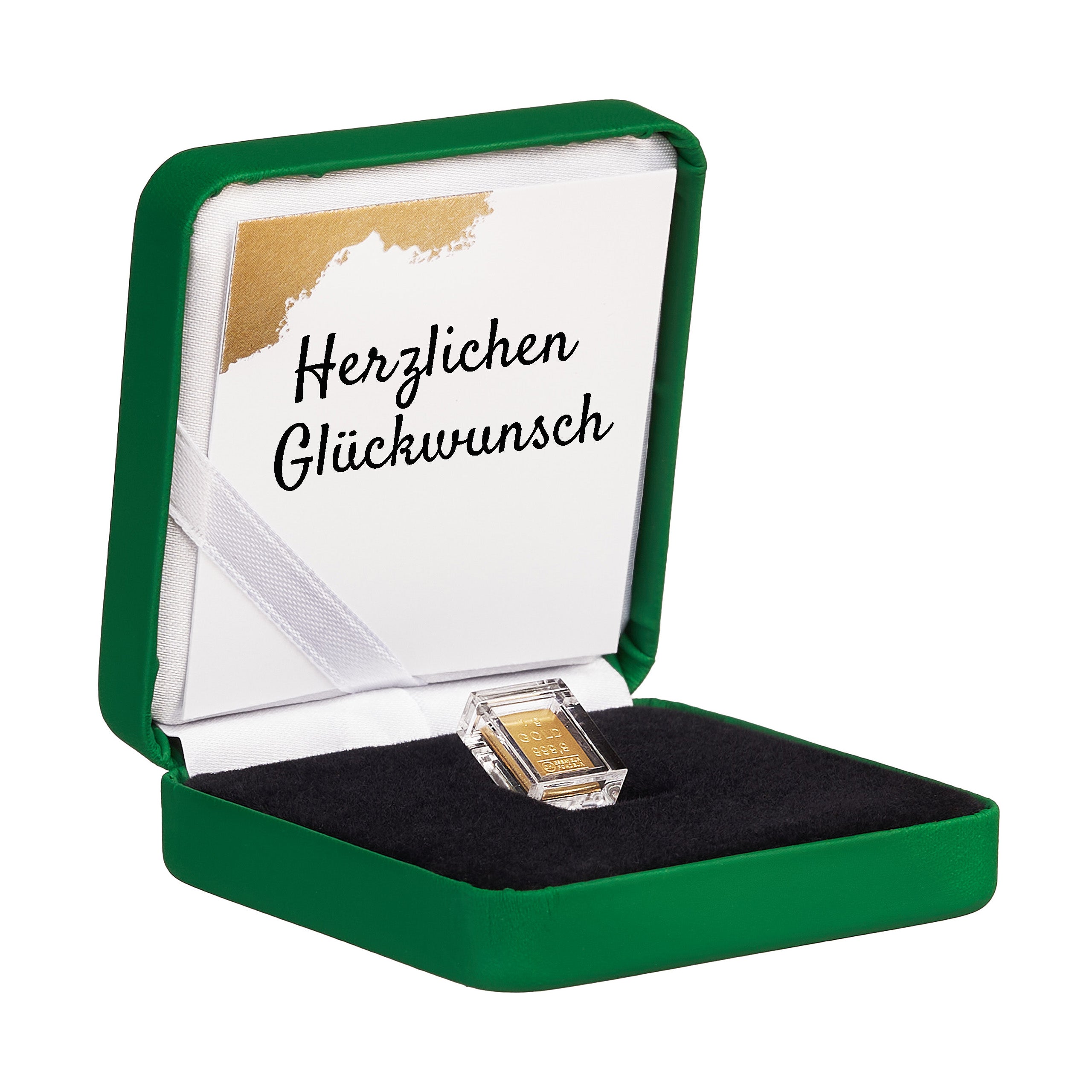 Goldbarren 1g in hochwertiger Kapsel inkl. Etui und Grußkarte nach Wahl (grün)