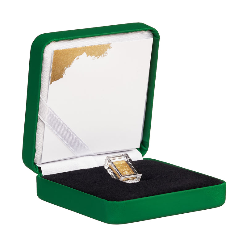 Goldbarren 1g in hochwertiger Kapsel inkl. Etui und Grußkarte nach Wahl (grün)