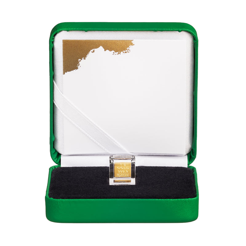Goldbarren 1g in hochwertiger Kapsel inkl. Etui und Grußkarte nach Wahl (grün)