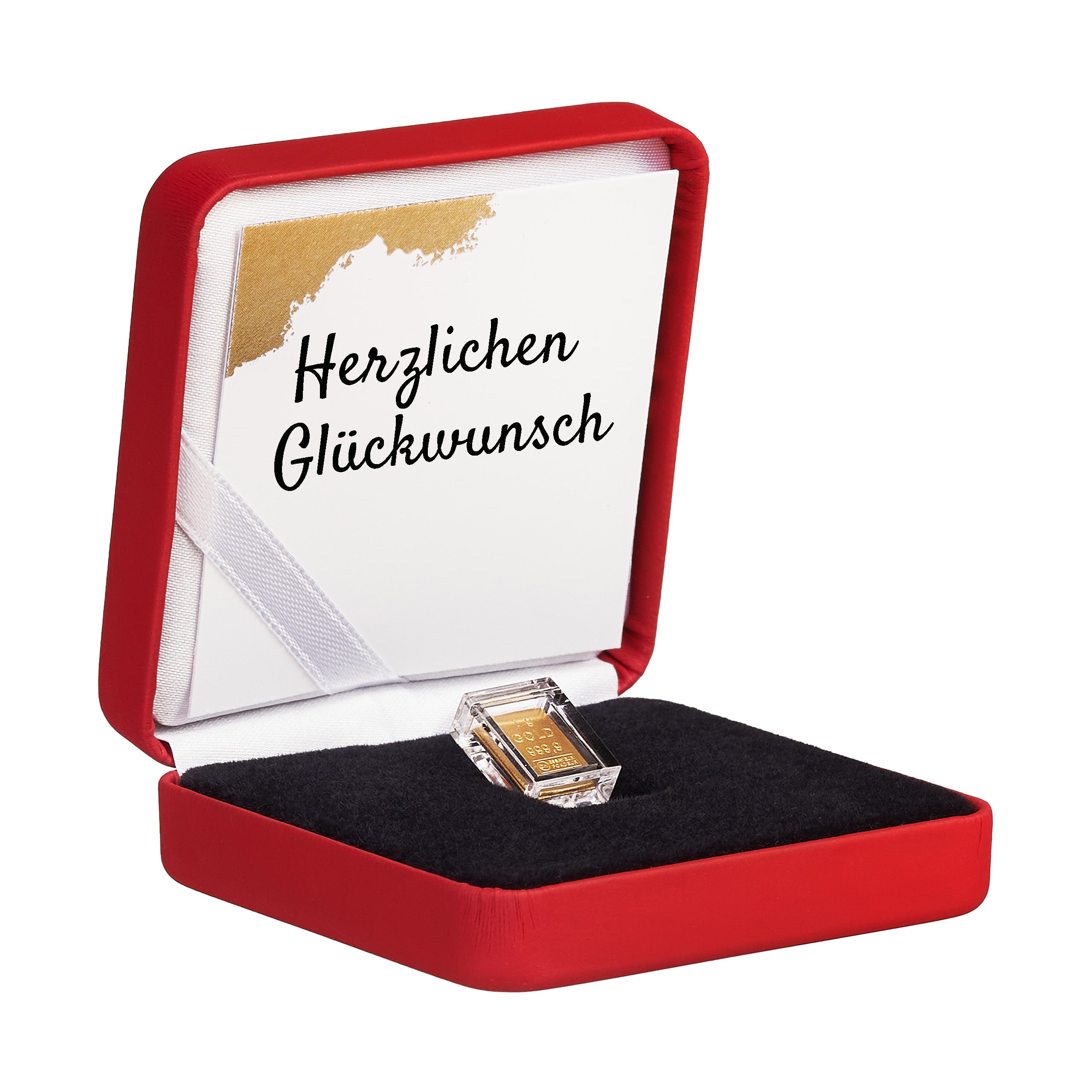 Goldbarren 1g in hochwertiger Kapsel inkl. Etui und Grußkarte nach Wahl (rot)