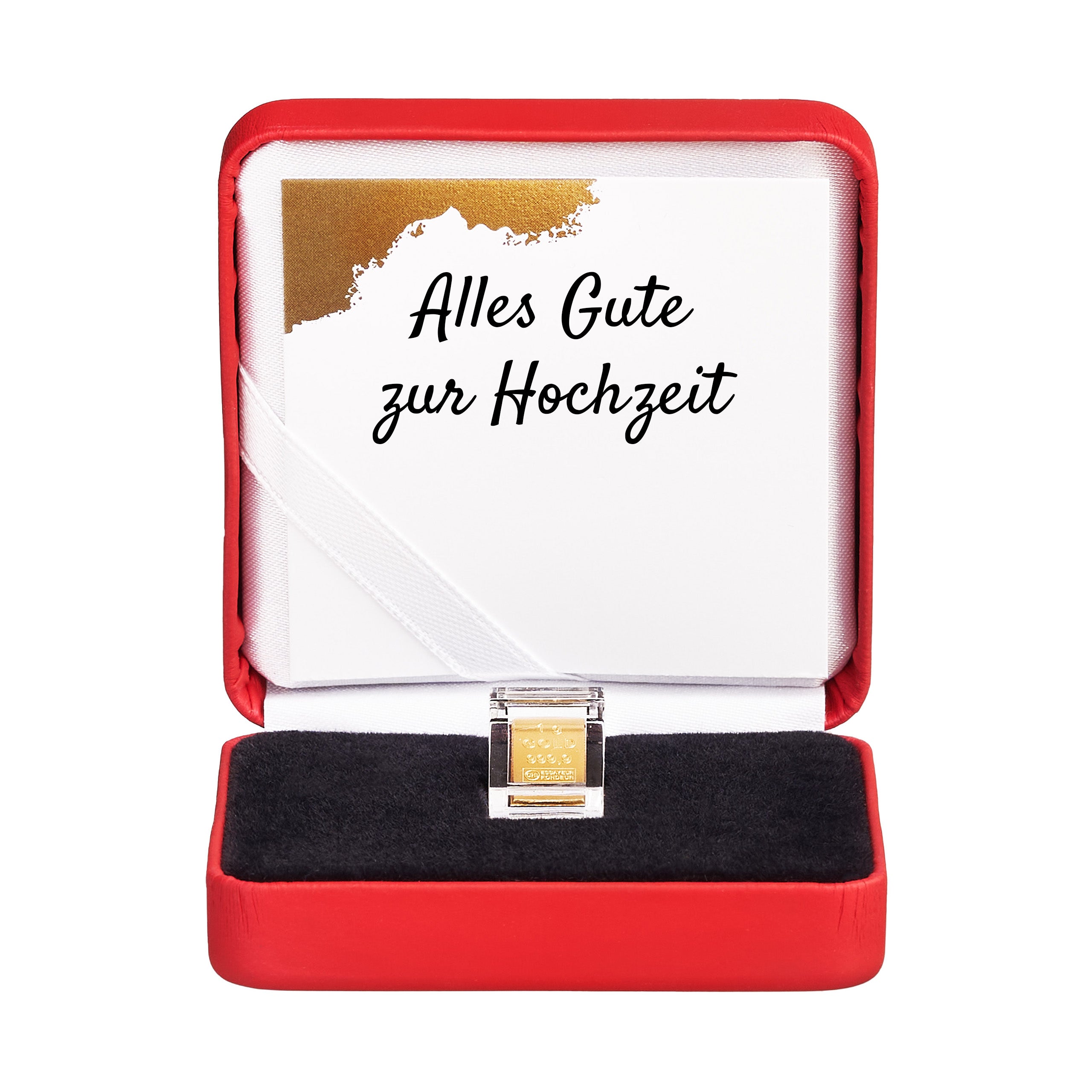 Goldbarren 1g in hochwertiger Kapsel inkl. Etui und Grußkarte nach Wahl (rot)