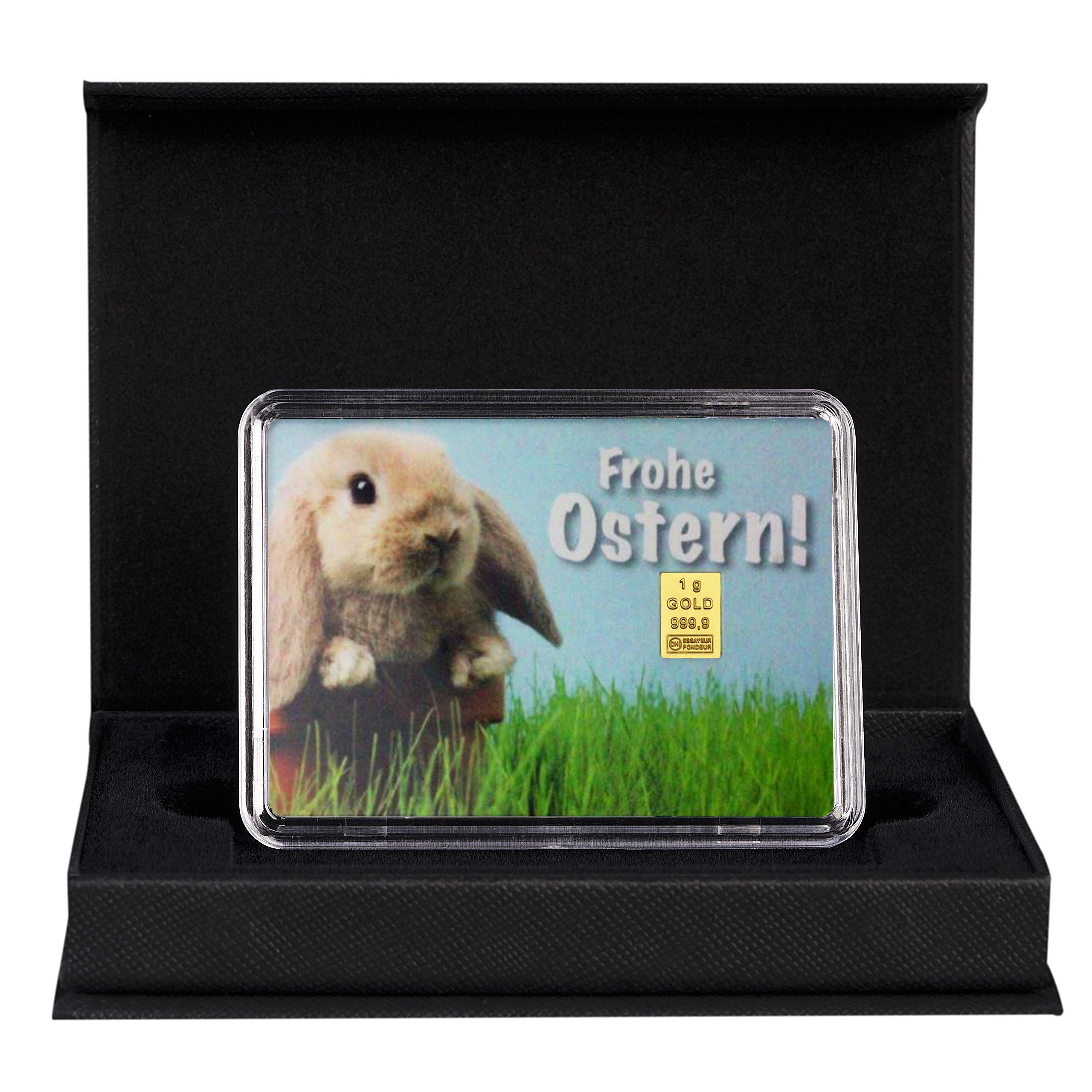 Goldbarren Motiv Osterhase "Frohe Ostern" in edler Geschenkverpackung