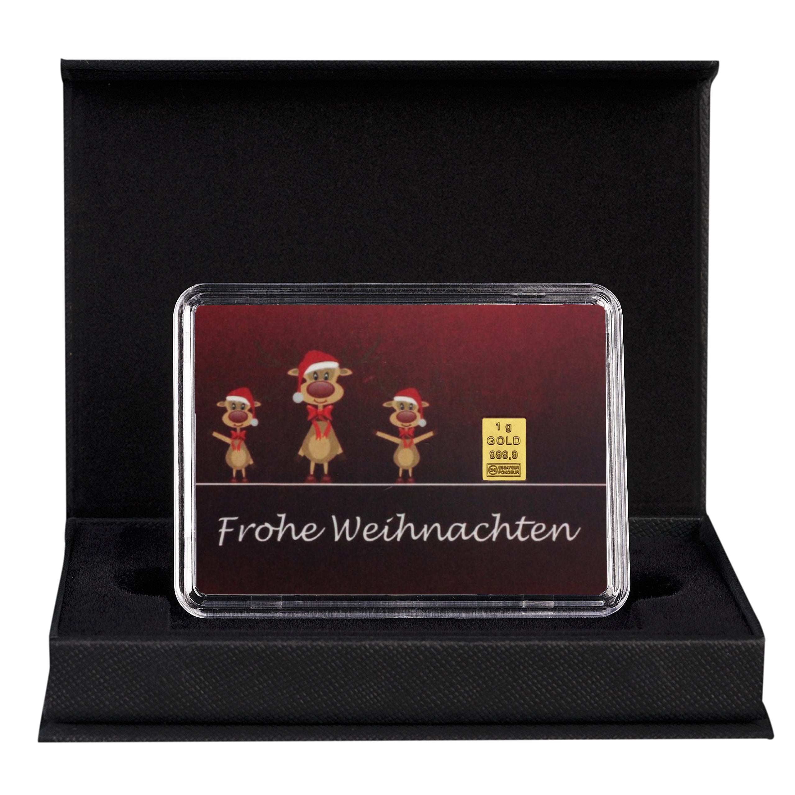 Goldbarren Motivbox "Frohe Weihnachten" Rentiere in schwarzer Geschenkbox