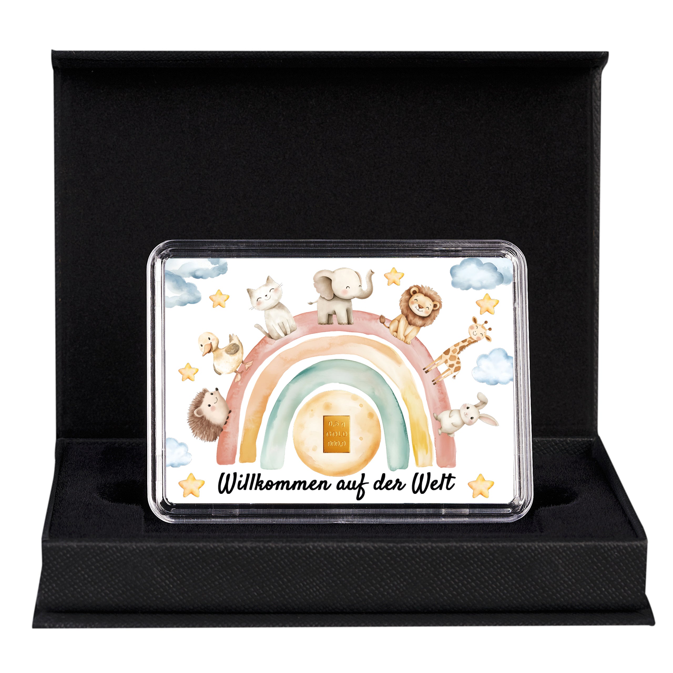 Goldgeschenk zur Geburt – Motivbox „Willkommen auf der Welt“ mit 0,5g Goldbarren in schwarzer Geschenkbox mit goldener Schleife.