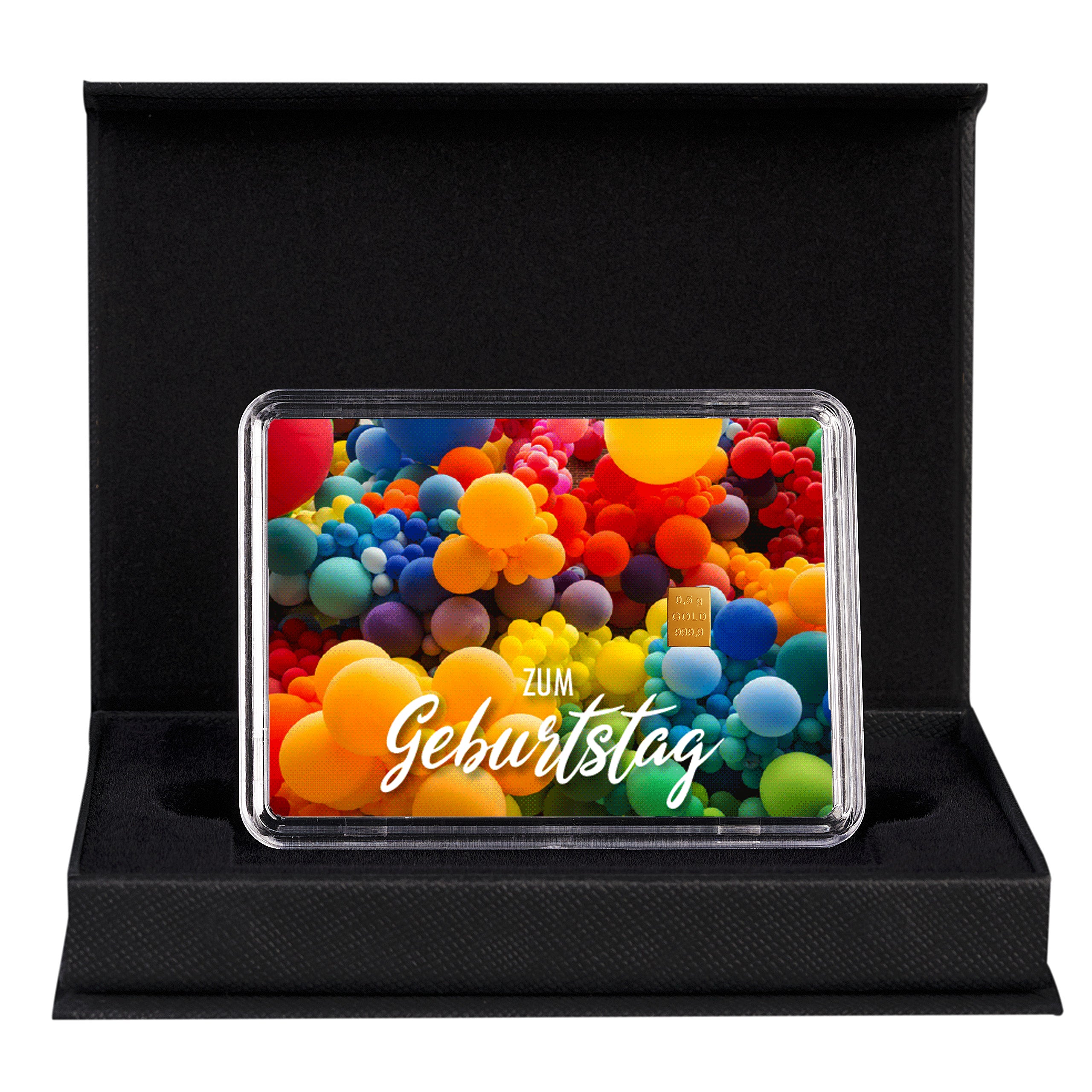 Goldbarren mit Flip-Motivbox "Happy Birthday zum Geburtstag" in schwarzer Geschenkbox