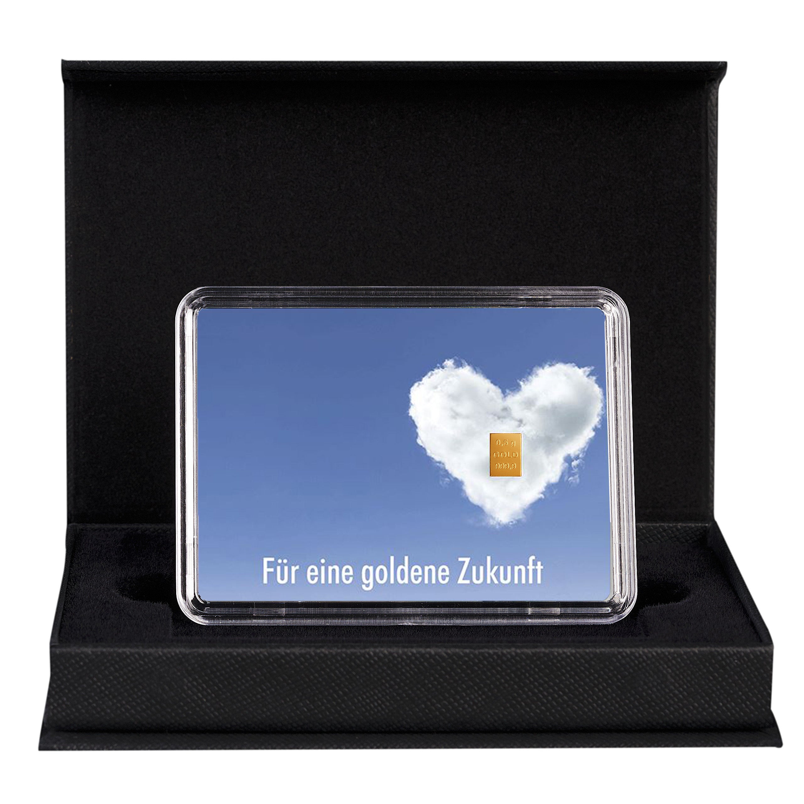 Goldbarren mit Flip-Motivbox "Für eine goldene Zukunft" in schwarzer Geschenkbox inkl. Grußkarte mit Wunschtext