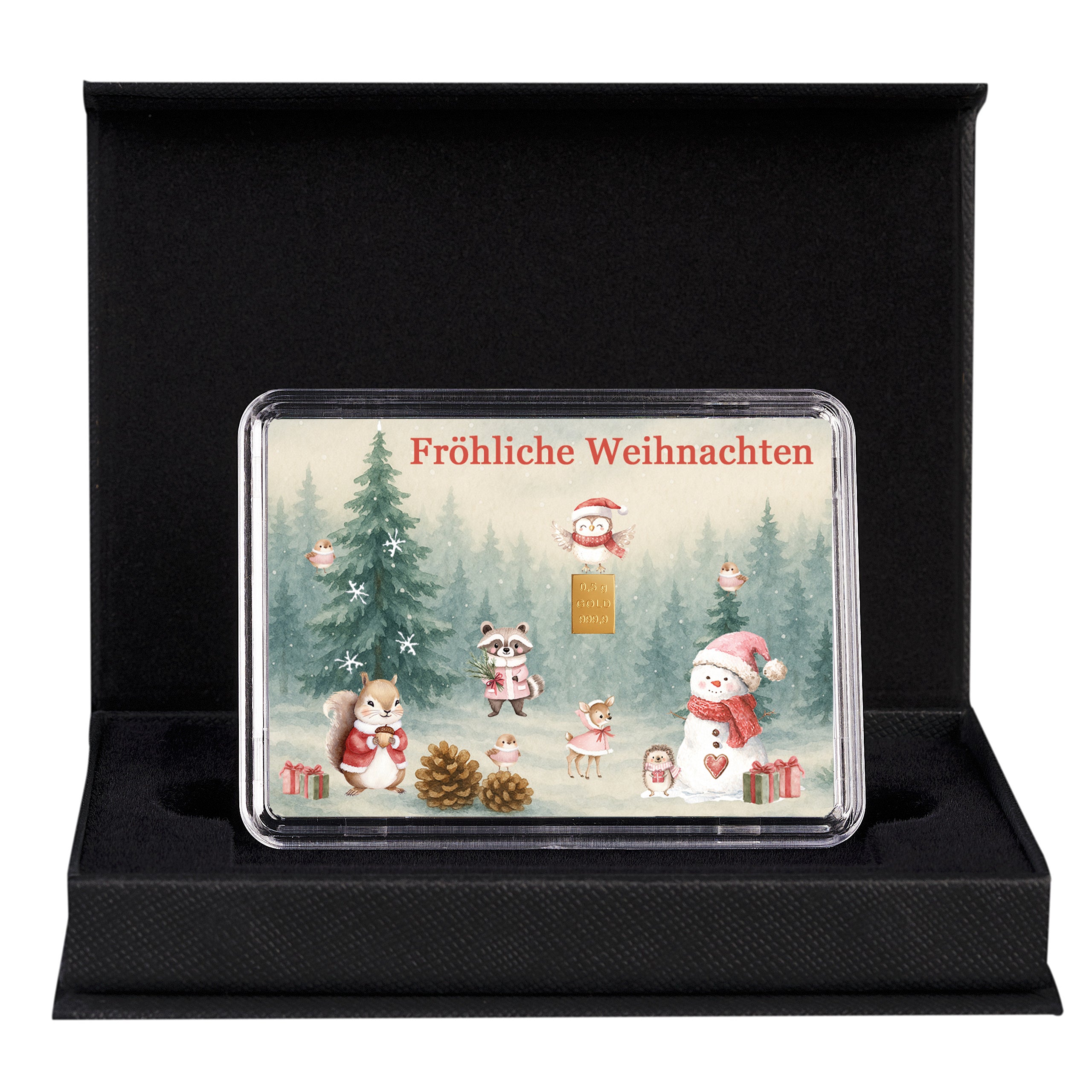 Motivbox „Fröhliche Weihnachten“ mit 0,5 g Goldbarren in Geschenkbox mit Grußkarte