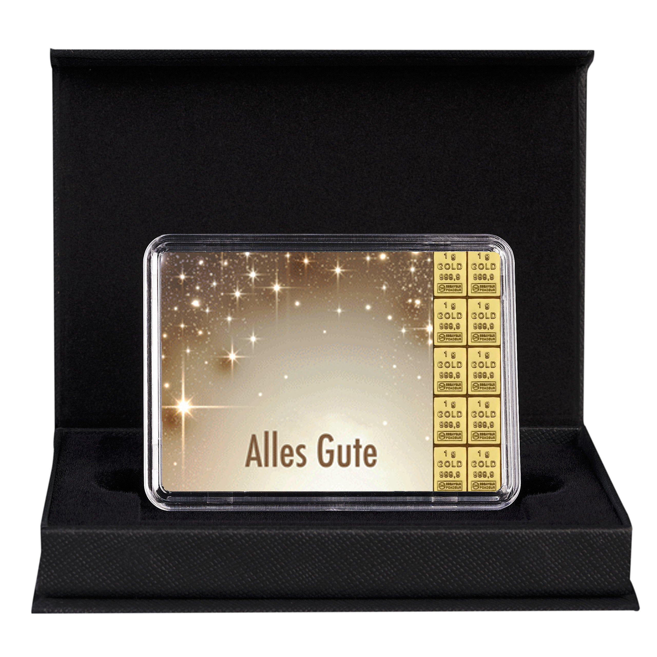 Edle Geschenkbox mit Goldtafel „Alles Gute“, verziert mit funkelndem Sternenmotiv und 10x 1g-Goldbarren – ein exklusives und hochwertiges Präsent.