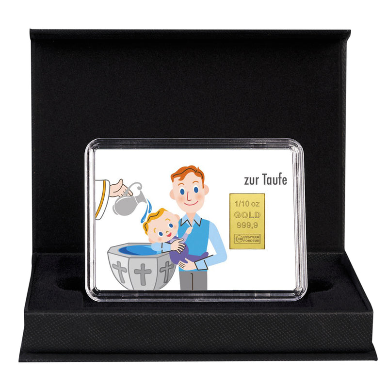 Goldbarren mit Flip-Motivbox "Alles Gute zur Taufe" in schwarzer Geschenkbox