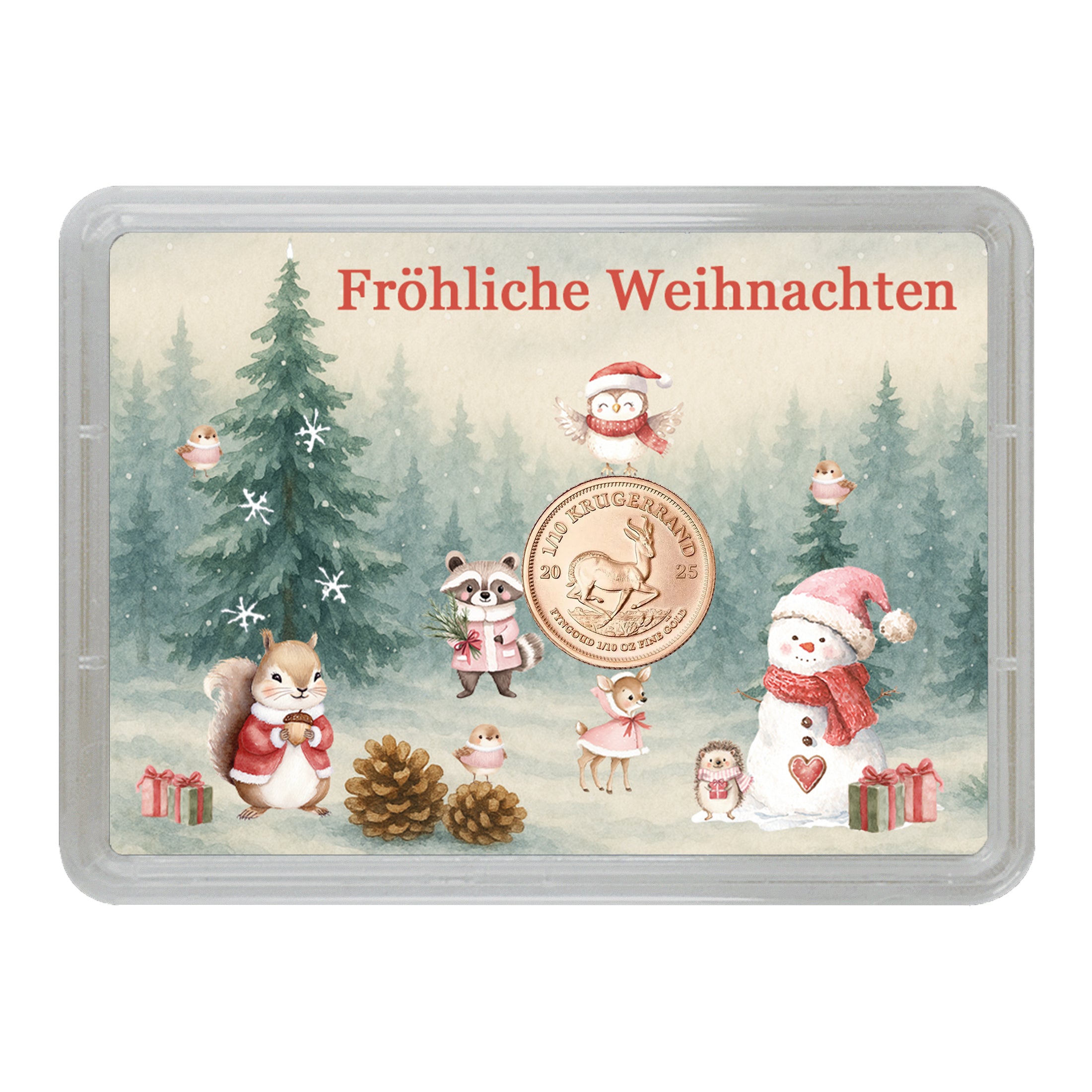 Weihnachtsgeschenk – Motivbox ‚Fröhliche Weihnachten‘ mit 1/10 Unze Krügerrand Goldmünze im goldenen Geschenkbeutel