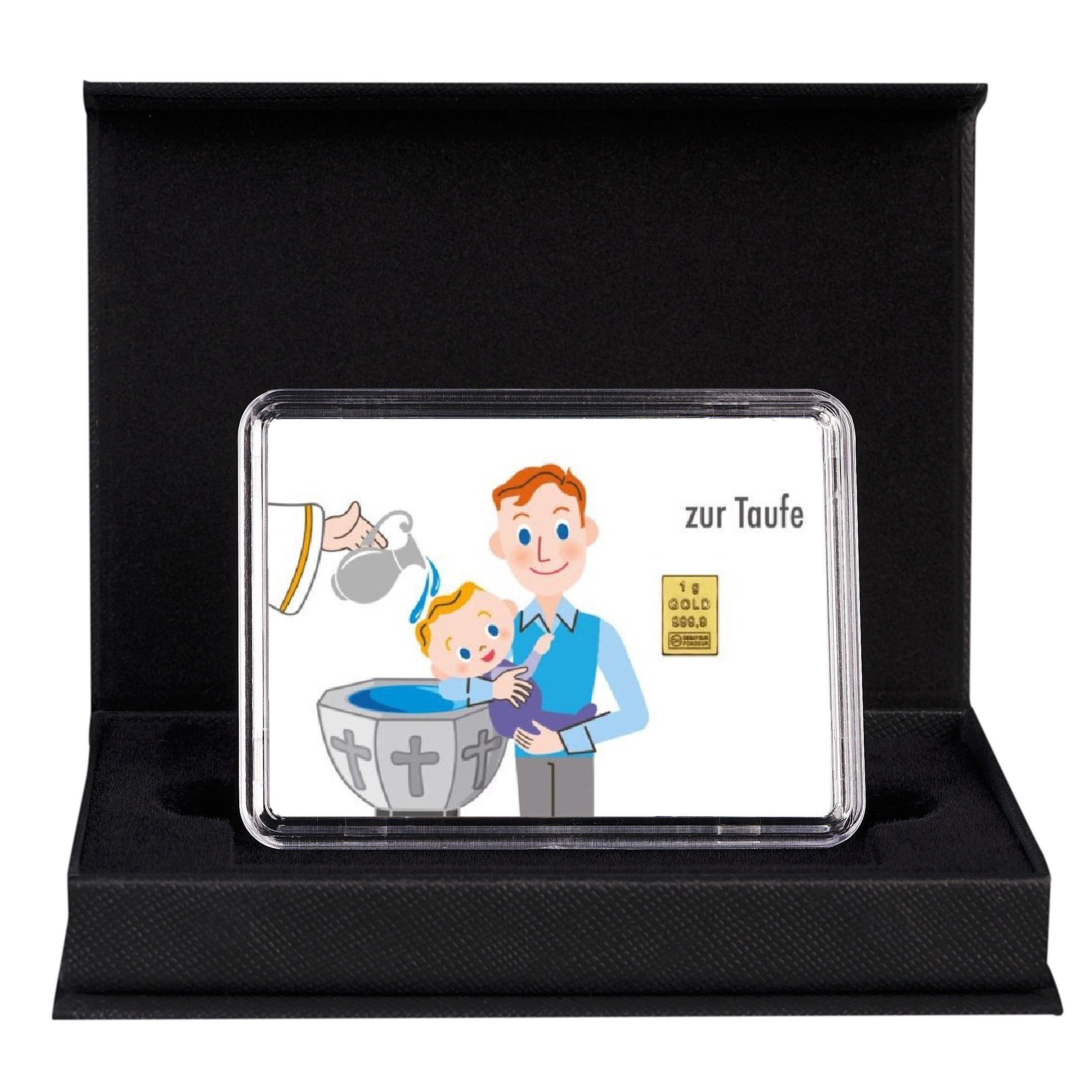 Goldbarren mit Flip-Motivbox "Alles Gute zur Taufe" in schwarzer Geschenkbox