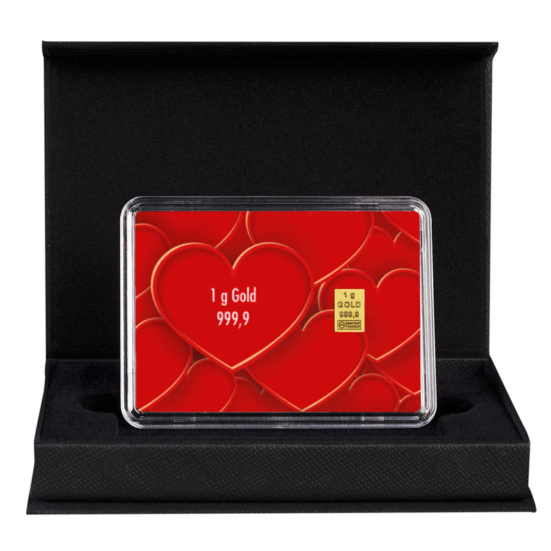 Goldbarren mit Flip-Motivbox "Alles Liebe" in schwarzer Geschenkbox
