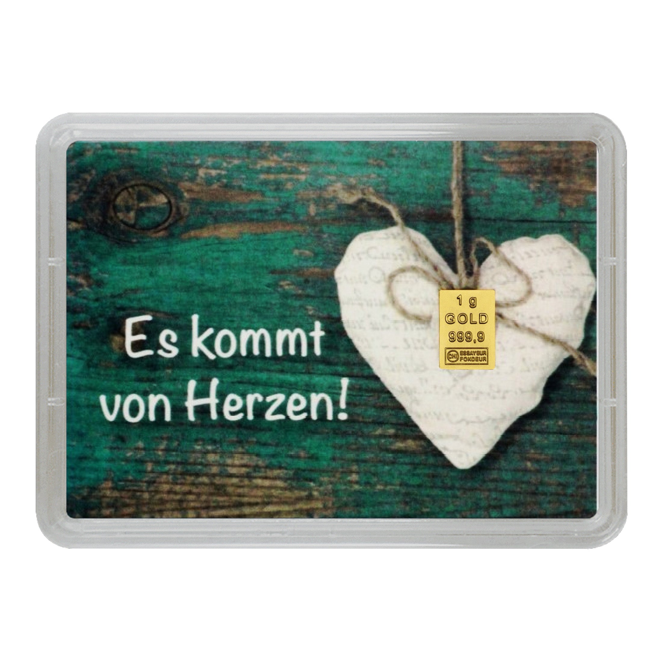 Goldbarren 1g in Geschenk-Motivbox "Es kommt von Herzen"