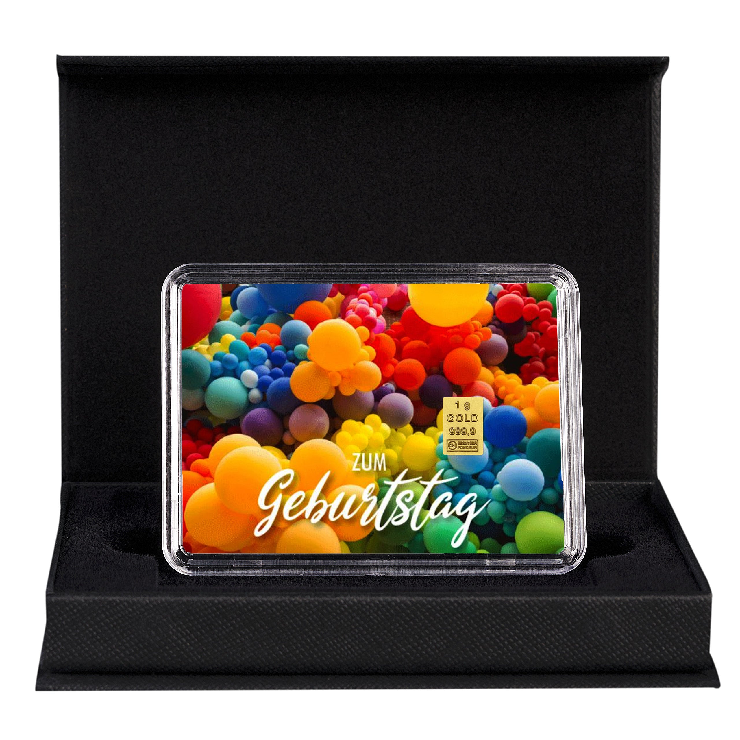 Goldbarren mit Flip-Motivbox "Happy Birthday zum Geburtstag" in schwarzer Geschenkbox