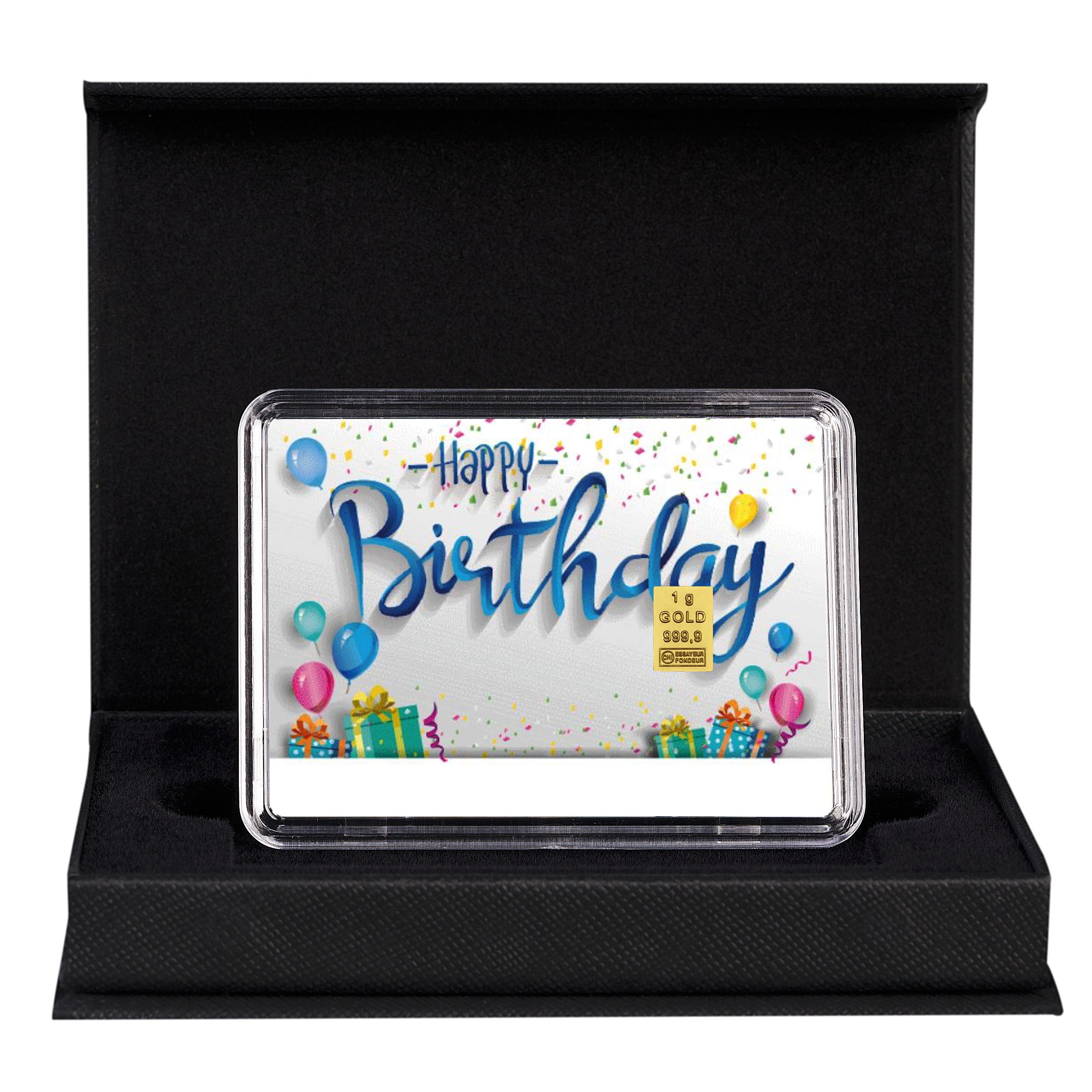 Goldbarren mit Flip-Motivbox "Happy Birthday zum Geburtstag" in schwarzer Geschenkbox