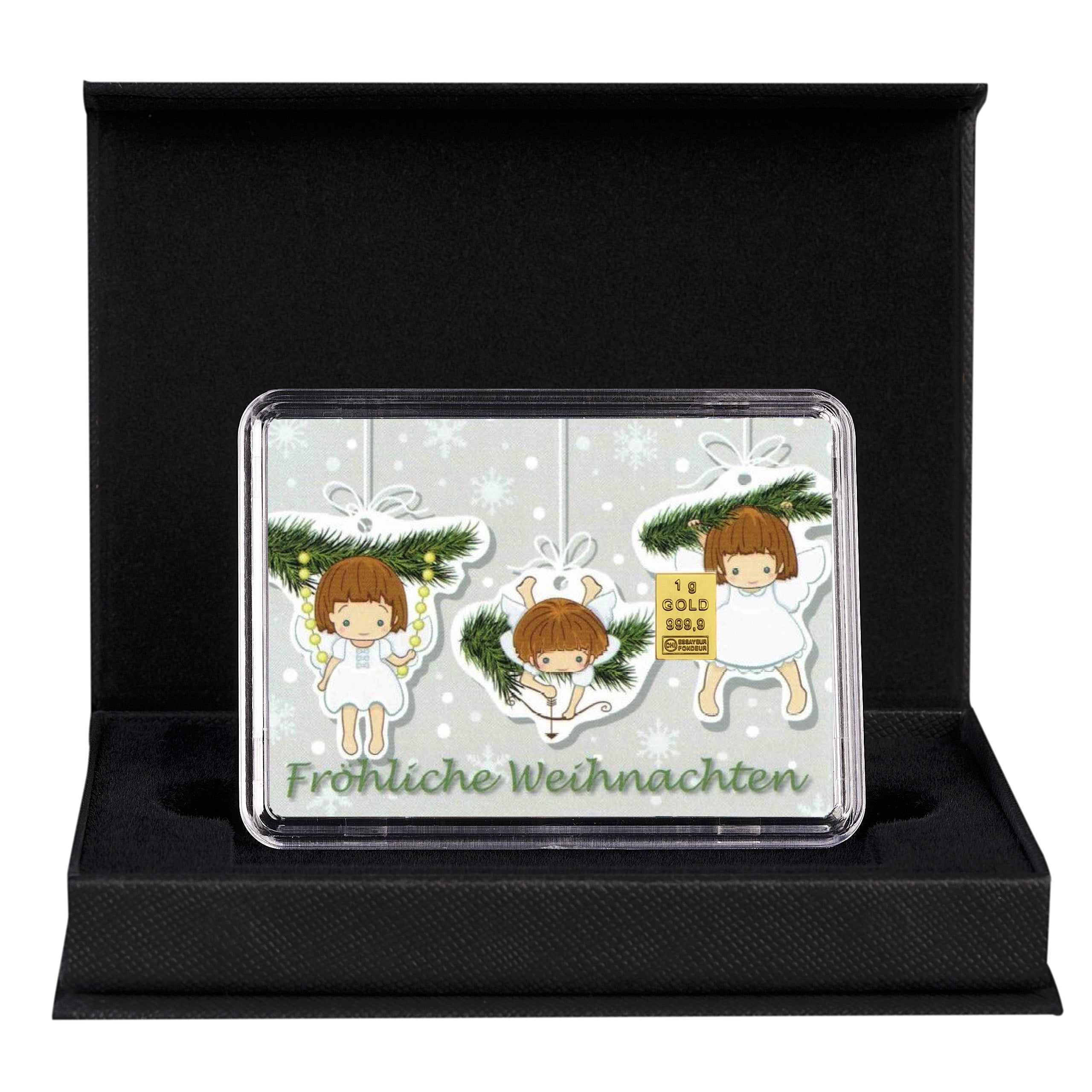 1g Goldbarren „Fröhliche Weihnachten“ mit Engelmotiv in schwarzer Geschenkbox – edles Weihnachtsgeschenk aus Feingold.