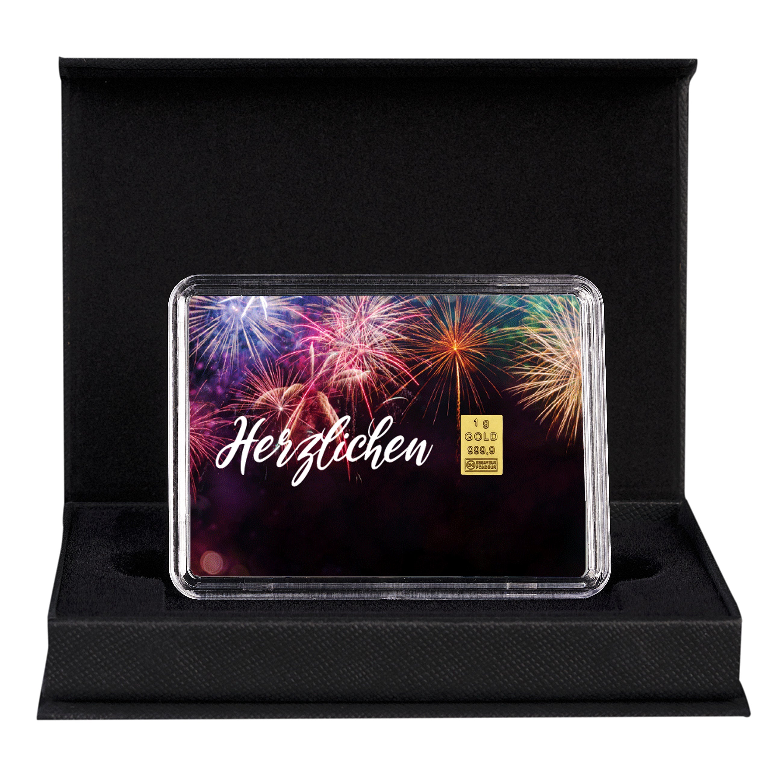 1g Goldbarren als Glückwunschgeschenk – mit Motivkarte „Herzlichen Glückwunsch“ und buntem Feuerwerk