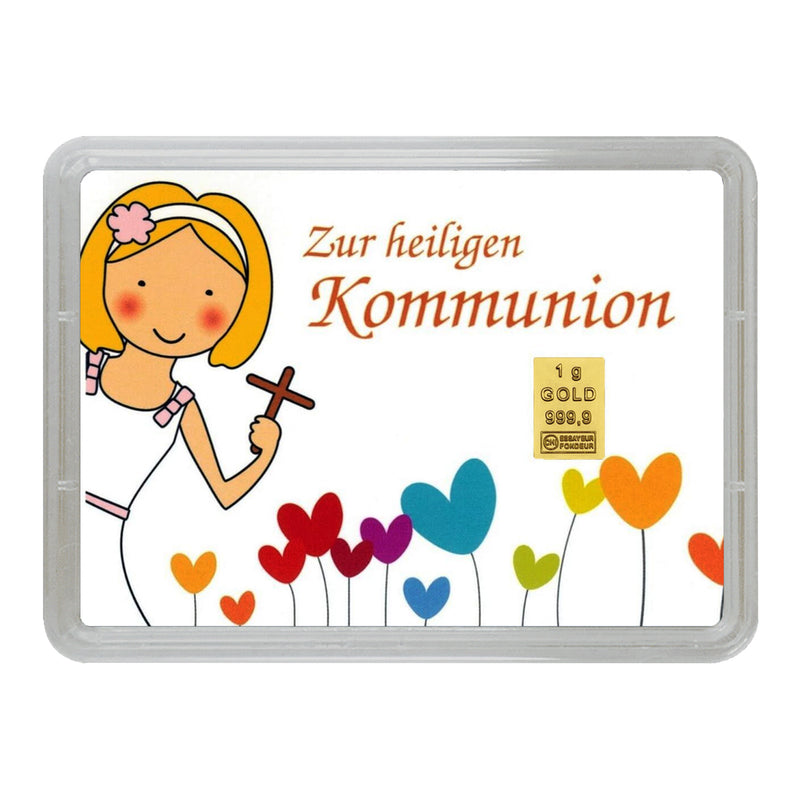 Goldbarren 1g in Geschenk-Motivbox "Zur heiligen Kommunion Mädchen"