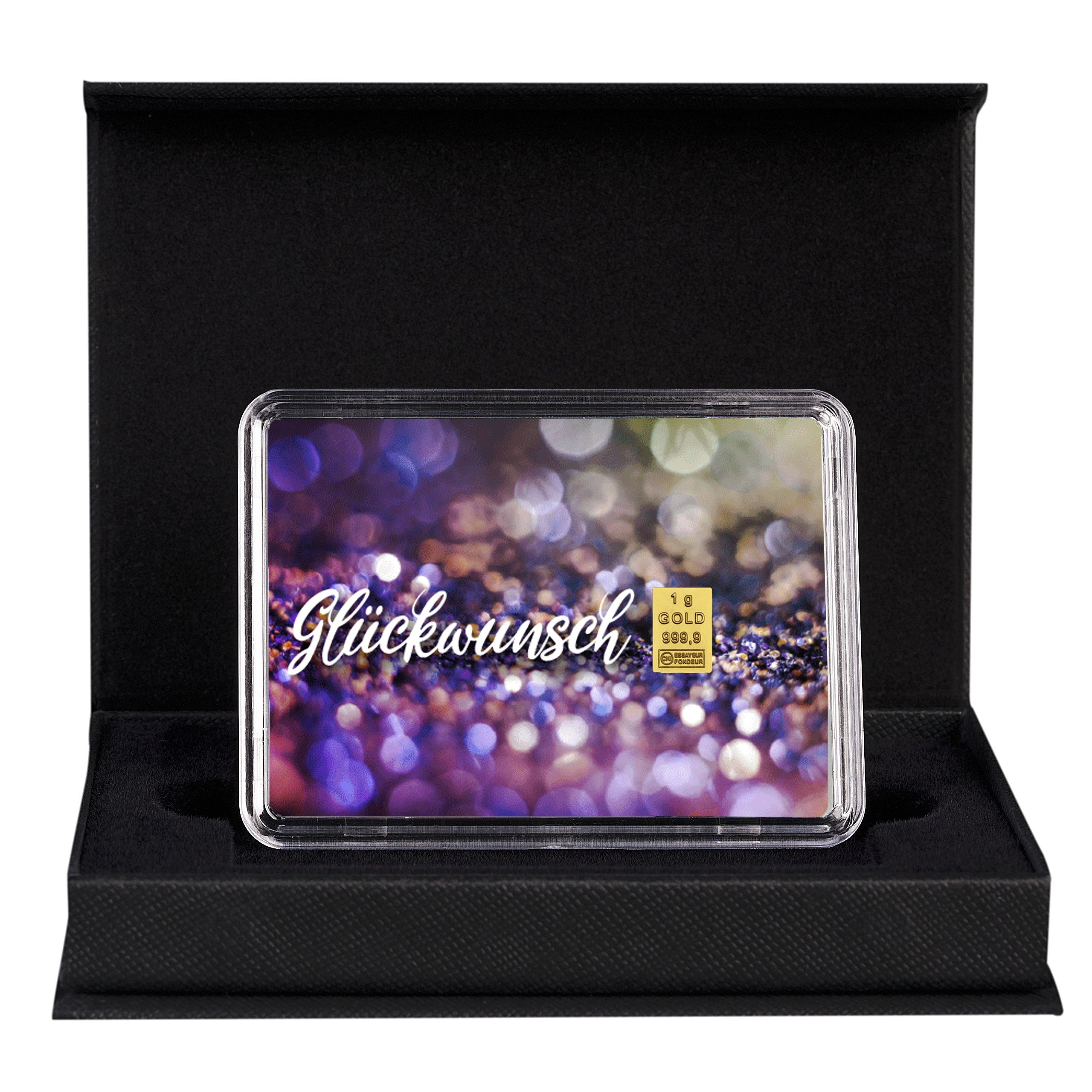  Goldbarren mit 1g Feingold in Geschenkverpackung – Motiv „Glückwunsch“ auf funkelndem violetten Hintergrund