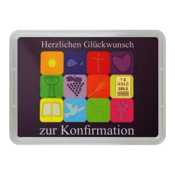 Goldbarren 1g in Geschenk-Motivbox "Konfirmation"