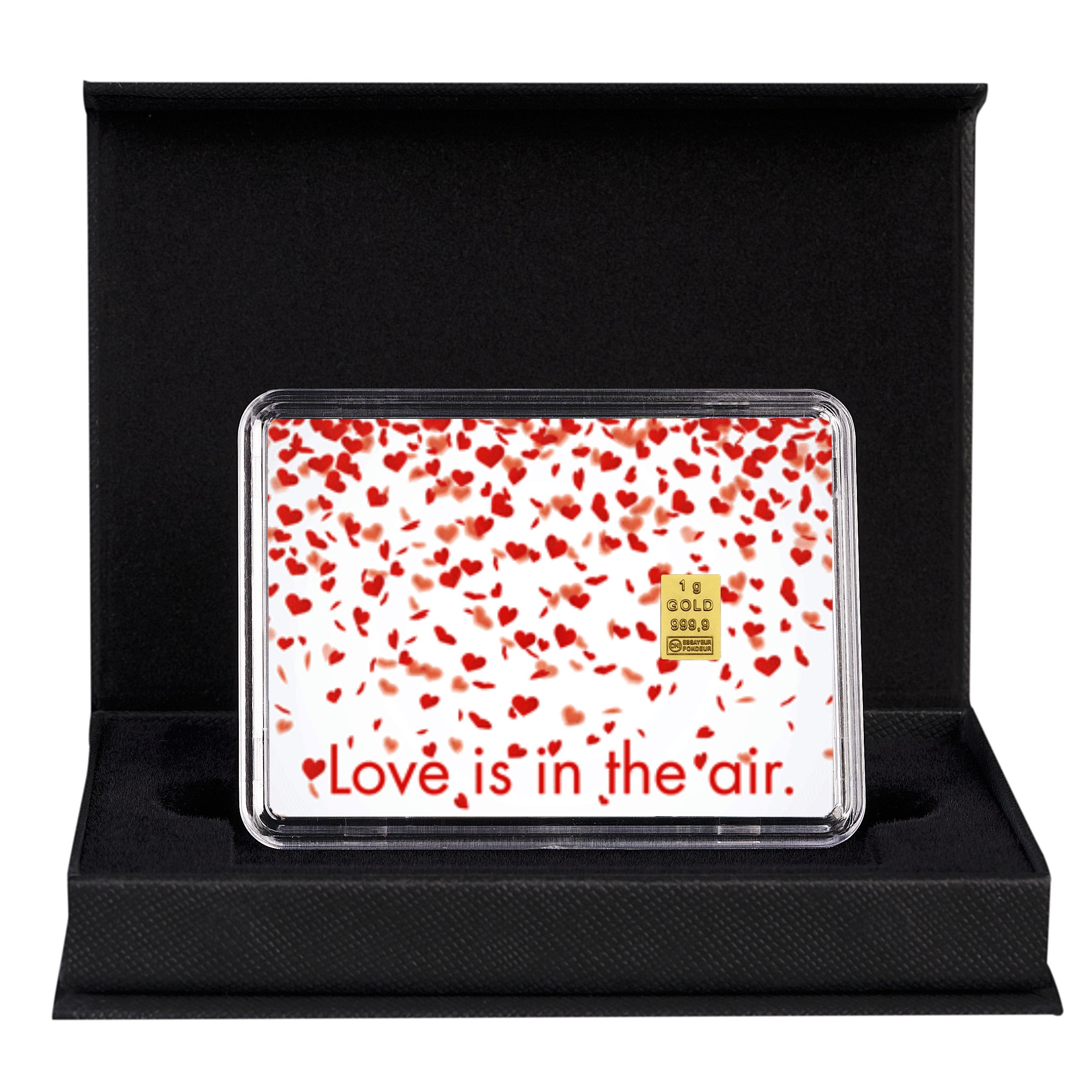 Goldbarren mit Flip-Motivbox "Love is in the air" in schwarzer Geschenkbox